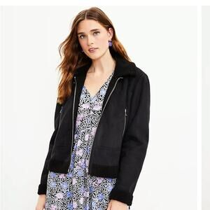 Ann Taylor LOFT Black Faux Suede Aviator Jacket Sz Large NWT